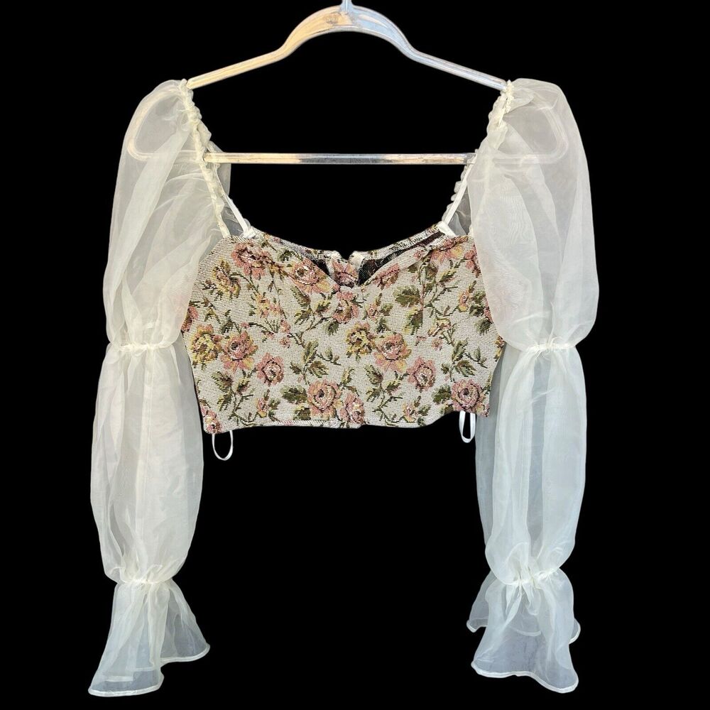 Shein Floral Tapestry Flounce Sleeve Crop Blouse Womens Small‎ Victorian Sheer